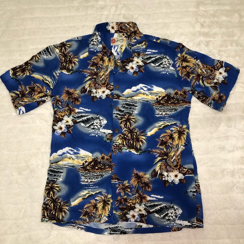 Hilo Hattie Shirt Mens Medium Blue Camp Hawaiian Palm Trees Guitar Aloha VTG